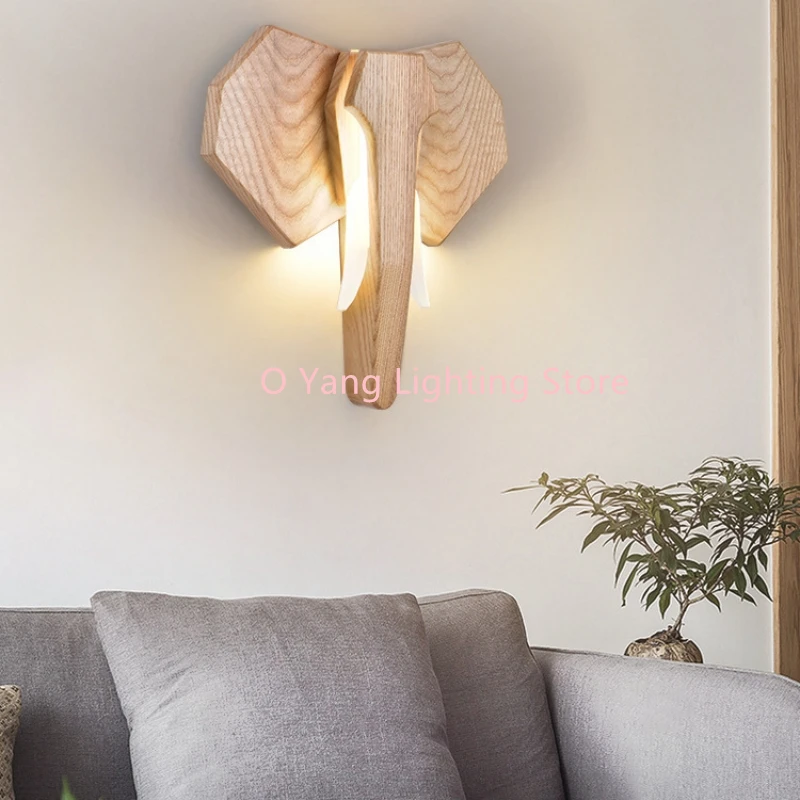Wooden Animal Head LED Wall Light for Living Room Bedroom Dining Room Kitchen  Elephant Lighting Fixture Home Decor Warm Light