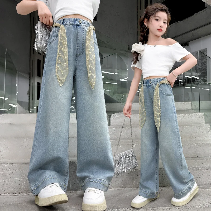 

Hot Girl Wasteland Style High-quality Lace Drawstring Jeans for Kids Child Street High Waist Baggy Denim Pants with Rhinestones