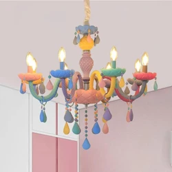Modern Rainbow Crystal Chandeliers Candles Lustres Princess Makaron Pendant Lamp Children's Bedroom Room Decor Indoor Luminaires