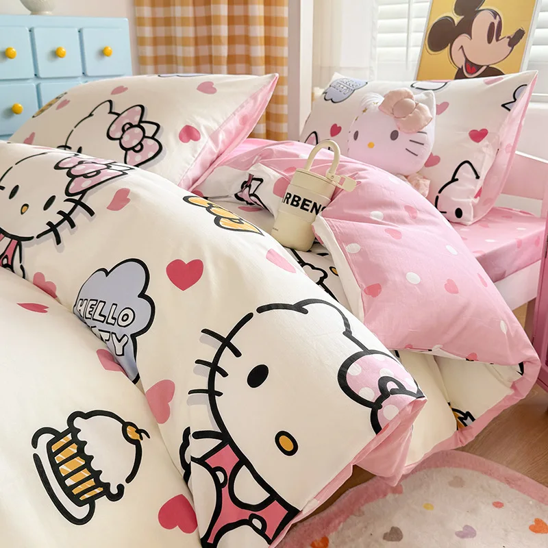 2024 New Sanrio Home Wash Cotton Explosive Kt Bed Four Piece Set Student Dormitory Single Three Piece Set Bedding Products