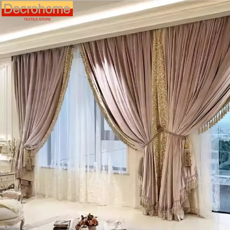 

High-end Pink Embroidery Princess Spliced Velvet Curtains for Living Room Bedroom Floor-to-ceiling Windows Villa Customized