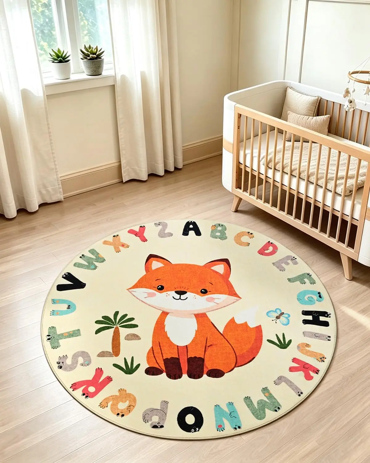 Cute Fox Alphabet Rug for Kids Playroom ABC Learning Mat Toddler Nursery Circle Carpet Educational Home Decor Polyester