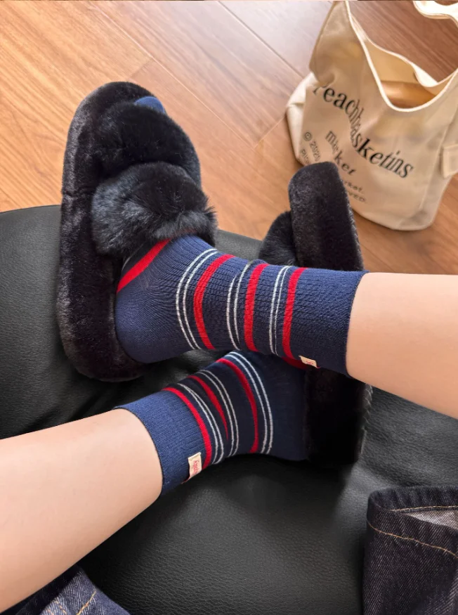 Women's Mid Tube Pure Cotton Socks, Japanese Retro Casual Contrast Stripes Harajuku Style, Fashion Versatile Comfort Crew Socks