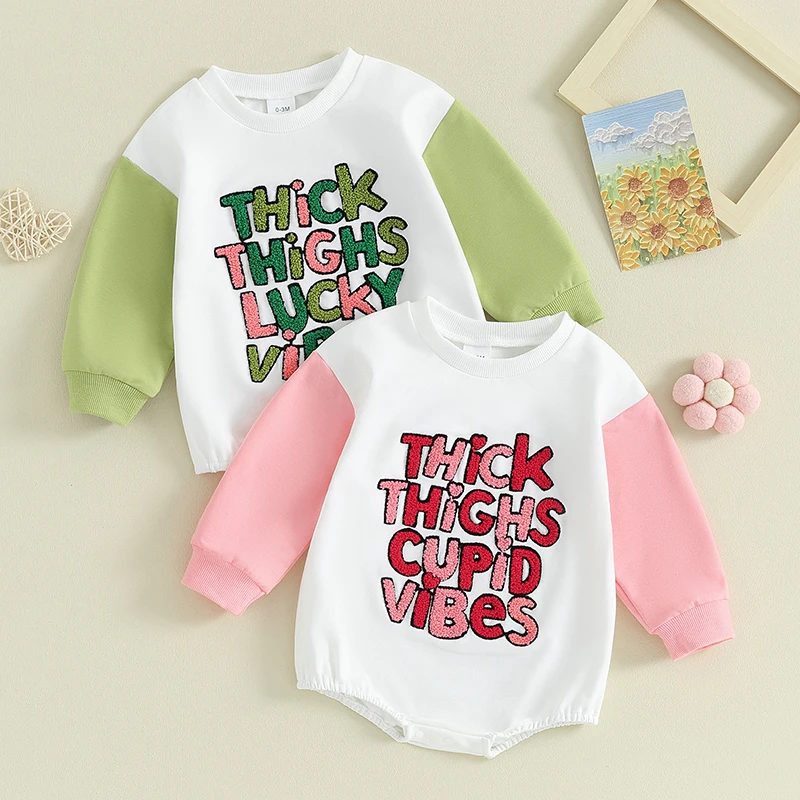 Cute Newborn Infant Girls Sweatshirt Romper Letter Embroidery Long Sleeve Bodysuits Jumpsuits St. Patrick 's Day Outfit