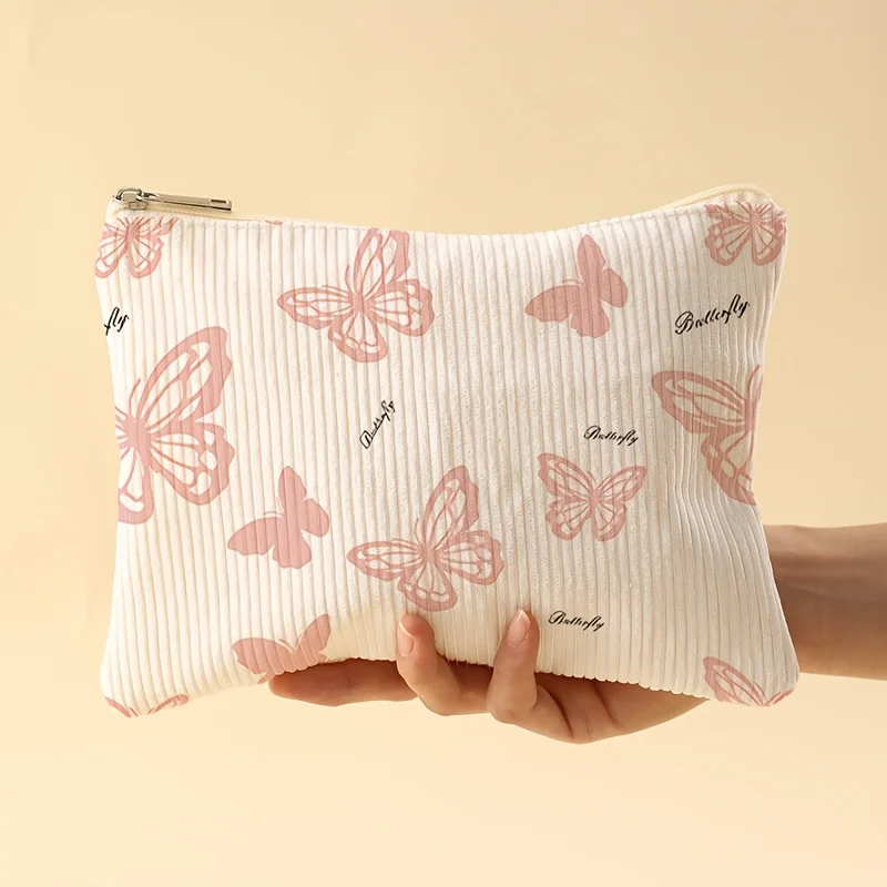 Powder Butterfly Pattern Simple Printed Storage and Arrangement Makeup Bag, Travel and Commute Essential Small Items Storage Bag