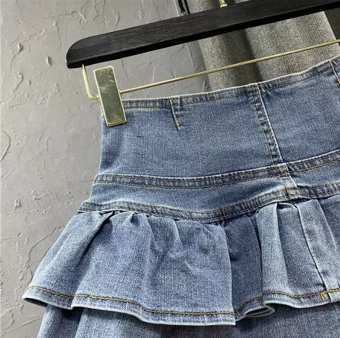 High Waist Single-Breasted Ruffles Cake Denim Skirt for Woman, 2026 Fashion Sexy Cute Mini Skirts, Black Blue