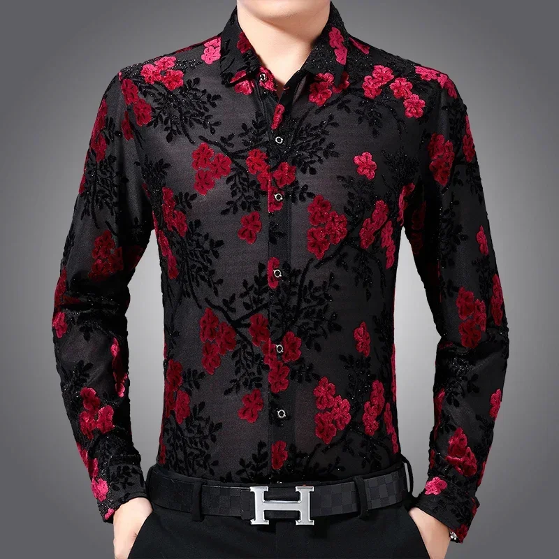 

2023 Brand Casual Spring Luxury Hollow Flower Shirt Long Sleeve Slim Fit Men Party Shirts Street Men Fashion Social Dress Shirts