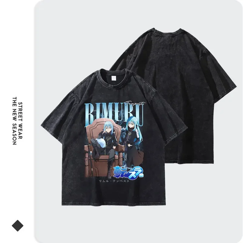 Rimuru Tempest T Shirts Oversize Streetwear Vintage Washed Anime Tensei shitara Slime Datta Ken T-shirt Tops Tees Men 100% 2024