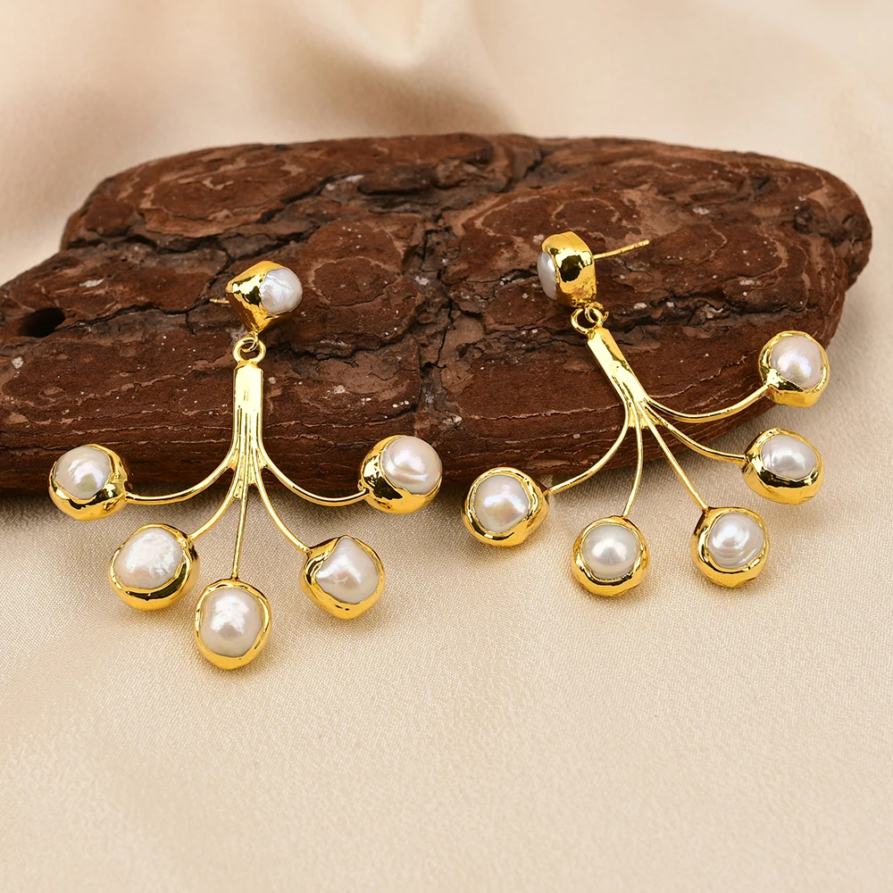 G-G Big Cultured White Keshi Pearl Gold Plated Pearl Stud Dangle Earrings Gifts For Lady