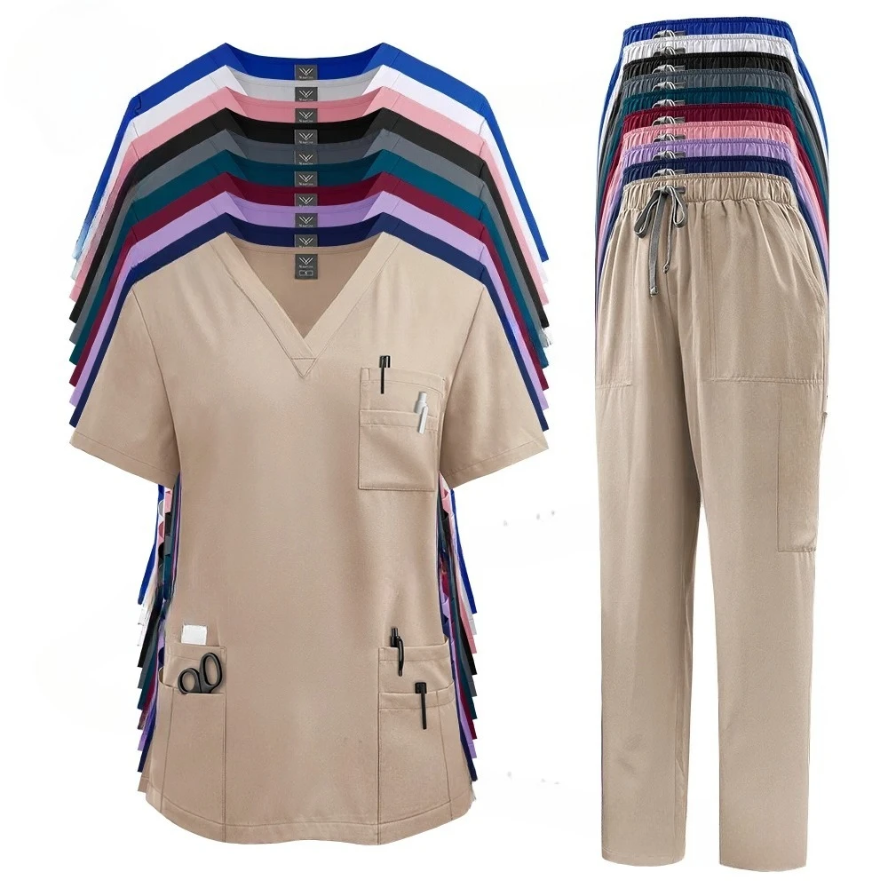 

Multicolor Scrubs Uniform Women Short Sleeve Tops+Pants Scrub Set Nursing Uniform Pet Shop Doctor Scrub Medical Surgery Workwear