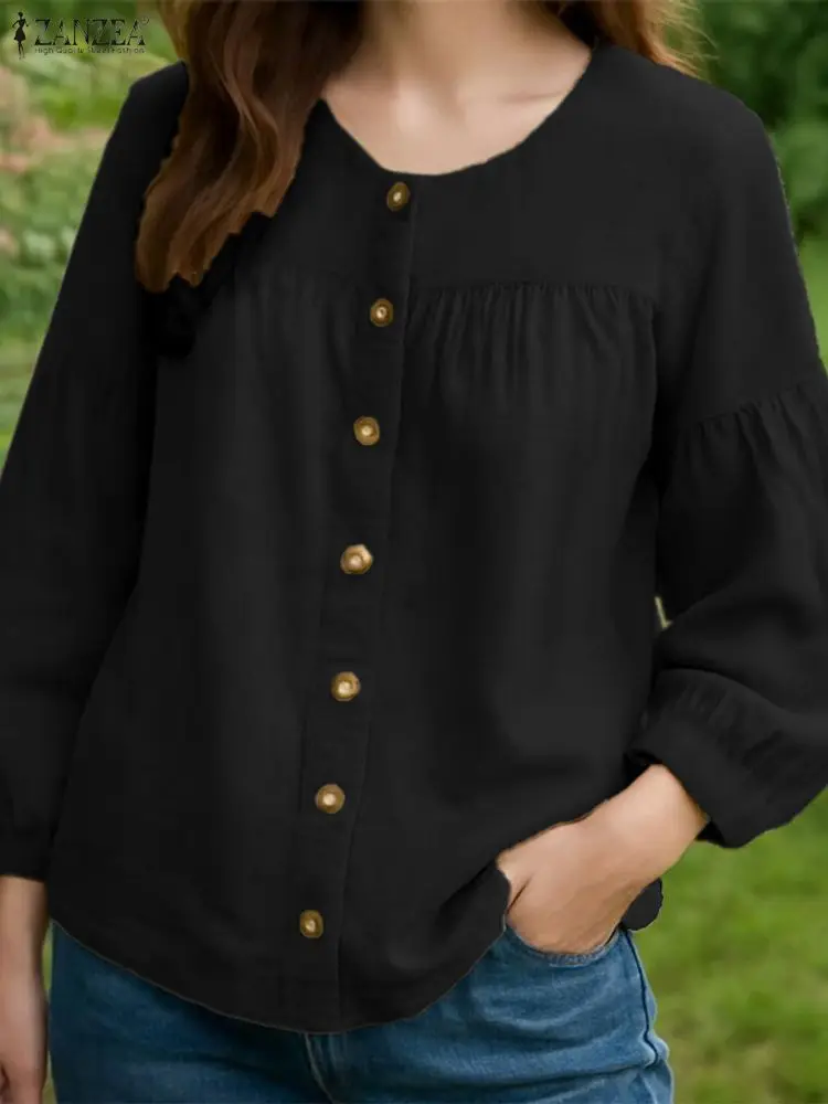 

Fashion Shirts ZANZEA Women Long Sleeve Tunic Tops Autumn Lantern Sleeve Solid Button Elegant Blouse Loose Vintage Blusas Street