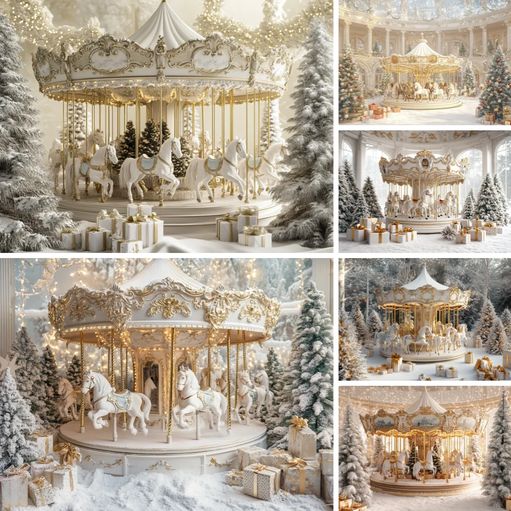 

Photography Background Merry Christmas Winter Carousel Snowy Xmas Tree Kids Family Portrait Decor Backdrop Photo Studio
