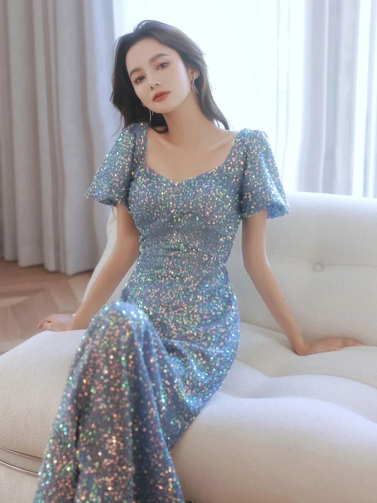 

Blue Long Evening Gown Women's Ele High-Quali Sequin Host Luxury Sexy Floor-Length Evening Dr Korean Sle