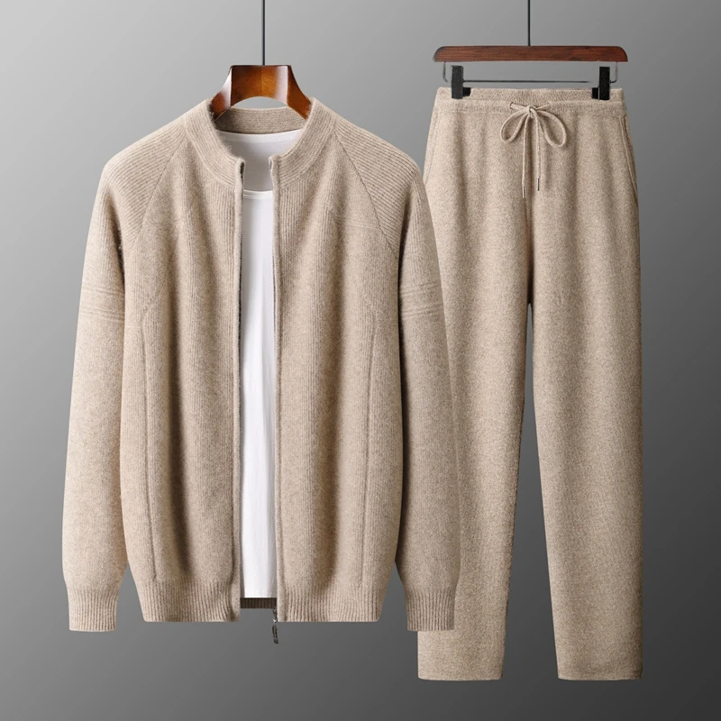 

100% Merino Wool Men's Set Stand Up Collar Knitted Zipper Cardigan Casual High Waisted Straight Leg Pants Thick Leggings Winter