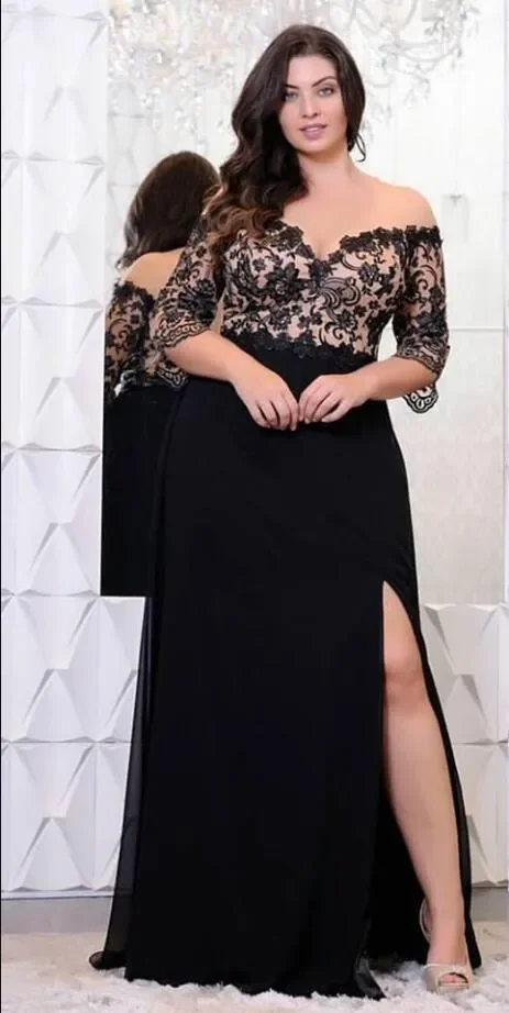 Black Lace Chiffon Plus Size Mother of the Bride Dress Half Sleeves High side Slit Women Formal Evening Wedding Guest Party Gown