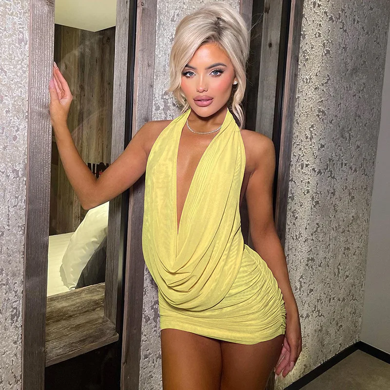 Mesh Swinging Pleated Women 2 Piece Set Summer Solid Simple Halter Backless Chic Tops+Shirring Mini Skirts Coordinate Suit