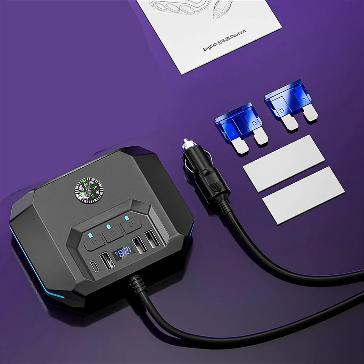 محول فاصل ولاعة سجائر ، شاحن سيارة 7 في 1 ، 4 منافذ USB مع مفتاح ، شاشة عرض جهد ليد لجميع أجهزة السيارة