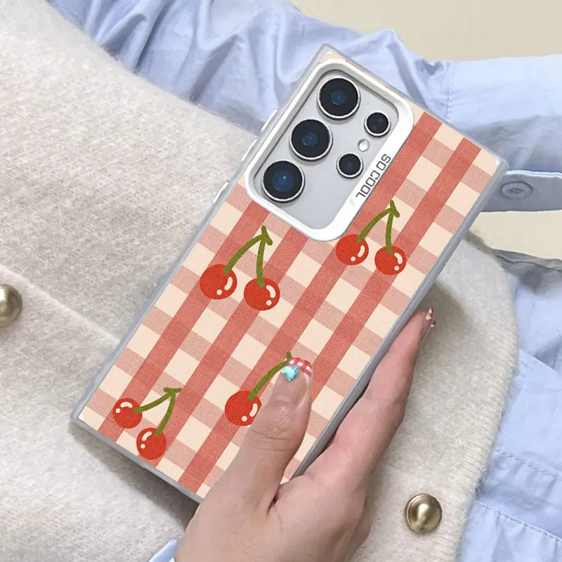 For Samsung Galaxy S24 S23 Ultra Plus FE S25 S22 Ultra Plus S21 FE Laser Phone Case Cute Fashion Girl Cherry Grid Pattern Covers