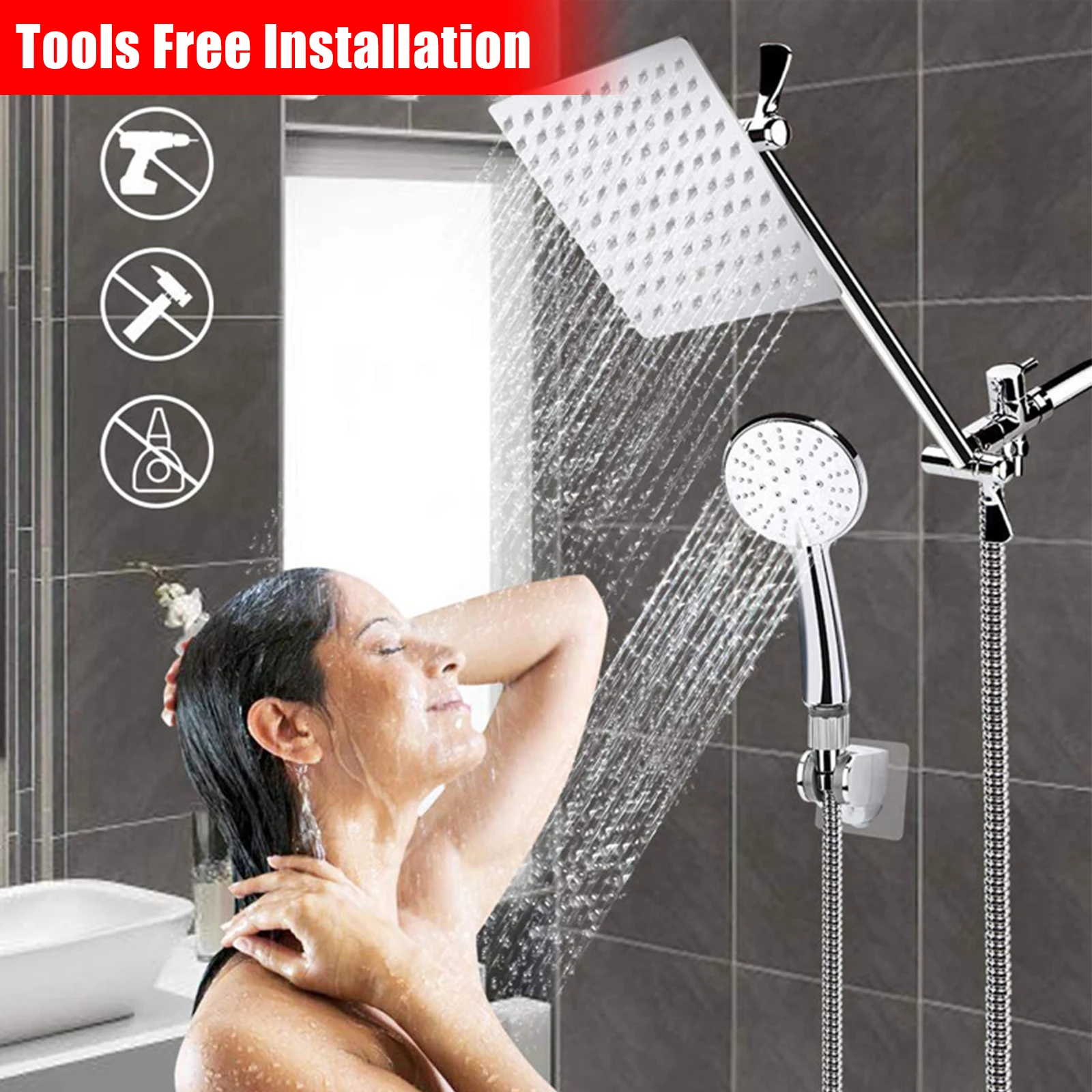 8'' High Pressure Rainfall Shower Head Handheld Shower Combo with 1.5M Stainless Steel Shower Hose