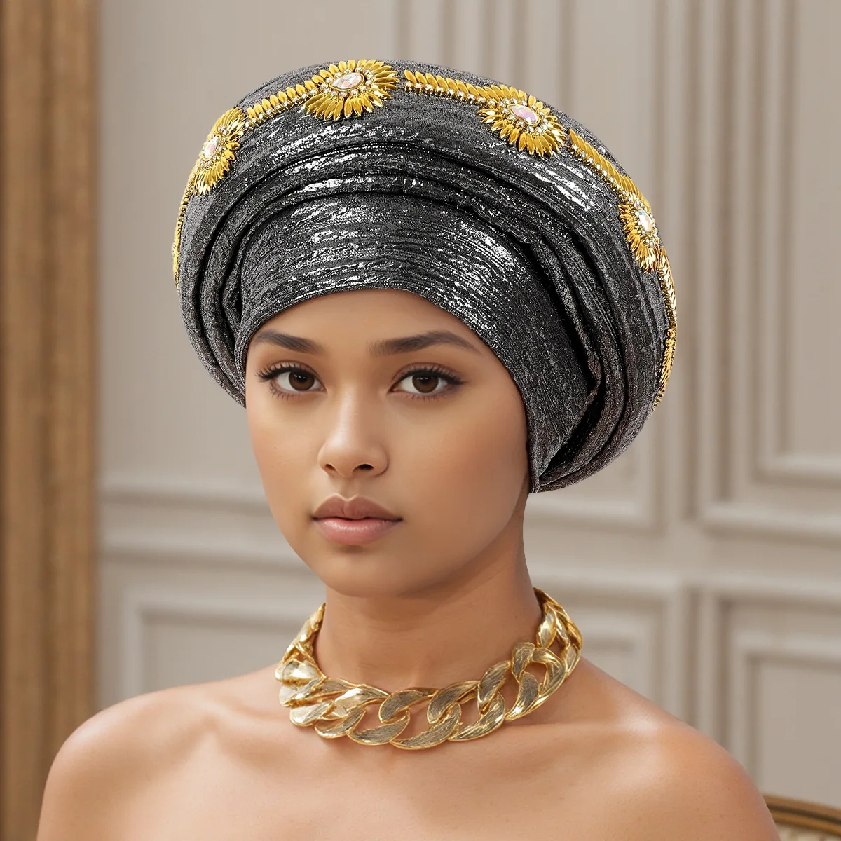 

Diamonds African Headtie Turban Cap for Women Wedding Party Autogele Head Wraps Nigeria Geles Headgear Glitter Bonnet Hijab Hat