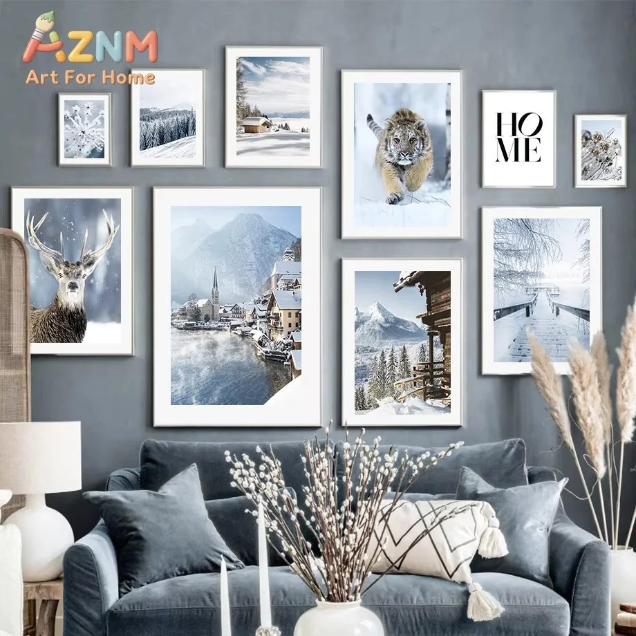 1PC Winter Landscape Wall Art Canvas Painting Snow Tiger Deer Lake and Mountain Posters Prints Pictures For Living Room Decor