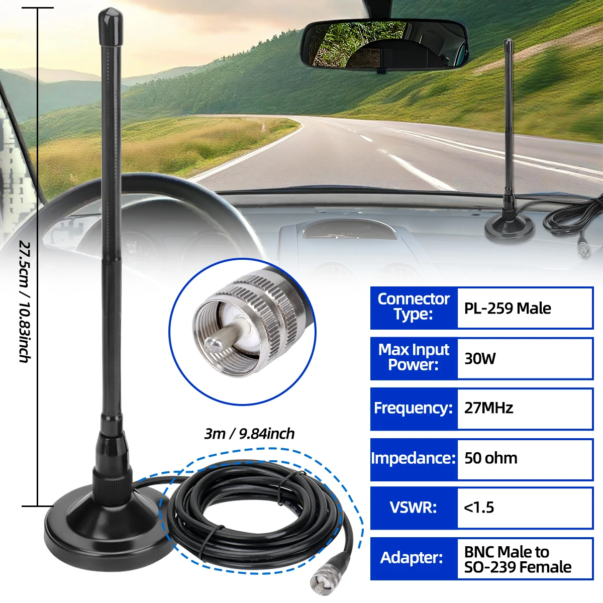 ABBREE AD-275 CB Radio Antenna Magnetic Base Frequency 27MHz PL259 to BNC Male Adapter 3m Length Mobile Ham CB Radio for Driving