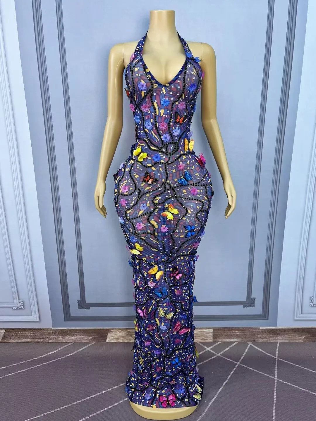 High-end Handmade Flowers Butterflies Rhinestones Sexy V-neck Backless Dress Women Evening Red carpet Elegant Gowns Stage Wear view 6