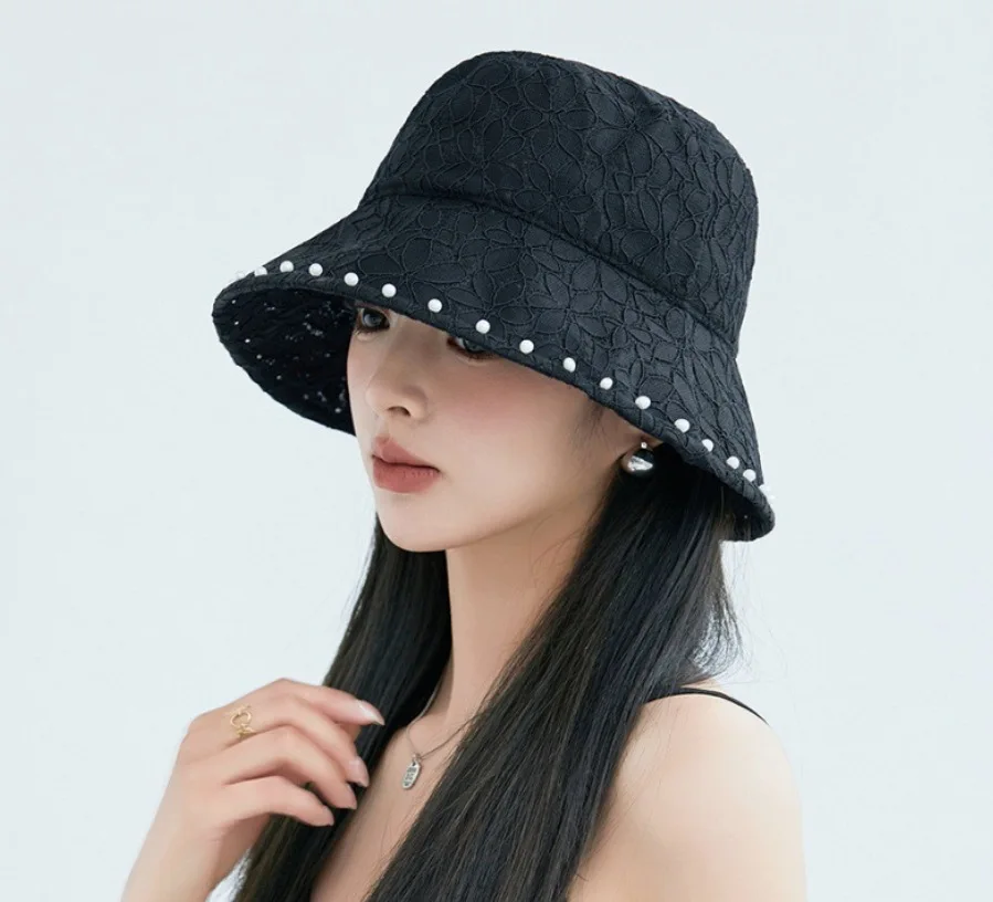 Lace Fisherman's Hat Temperament Pearl Basin Hat Sunscreen Hat Female Show Face Smaller Soft 56-58cm