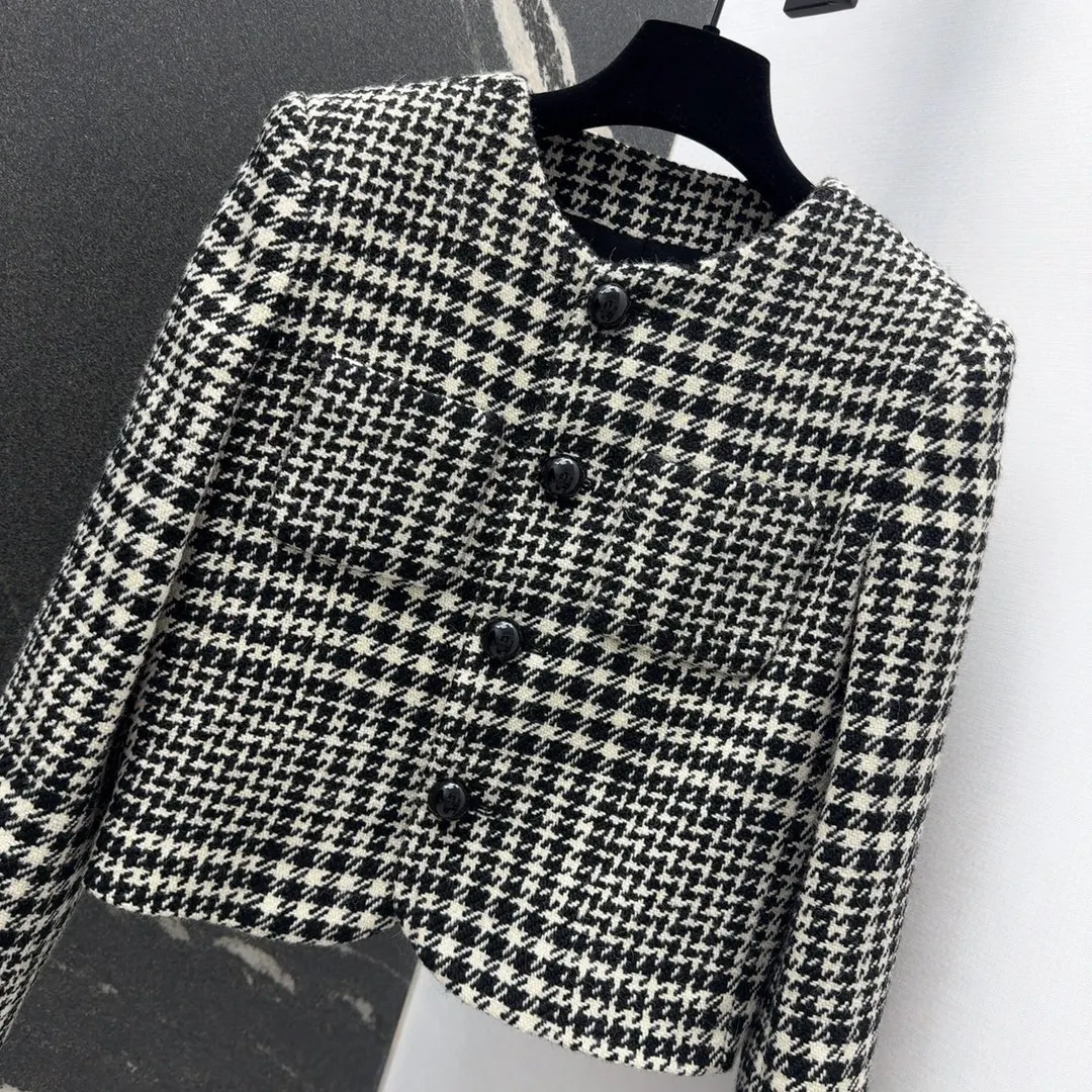 2024 Autumn/Winter New Women's Clothing Vintage dual pocket design wool blend plaid jacket 0922