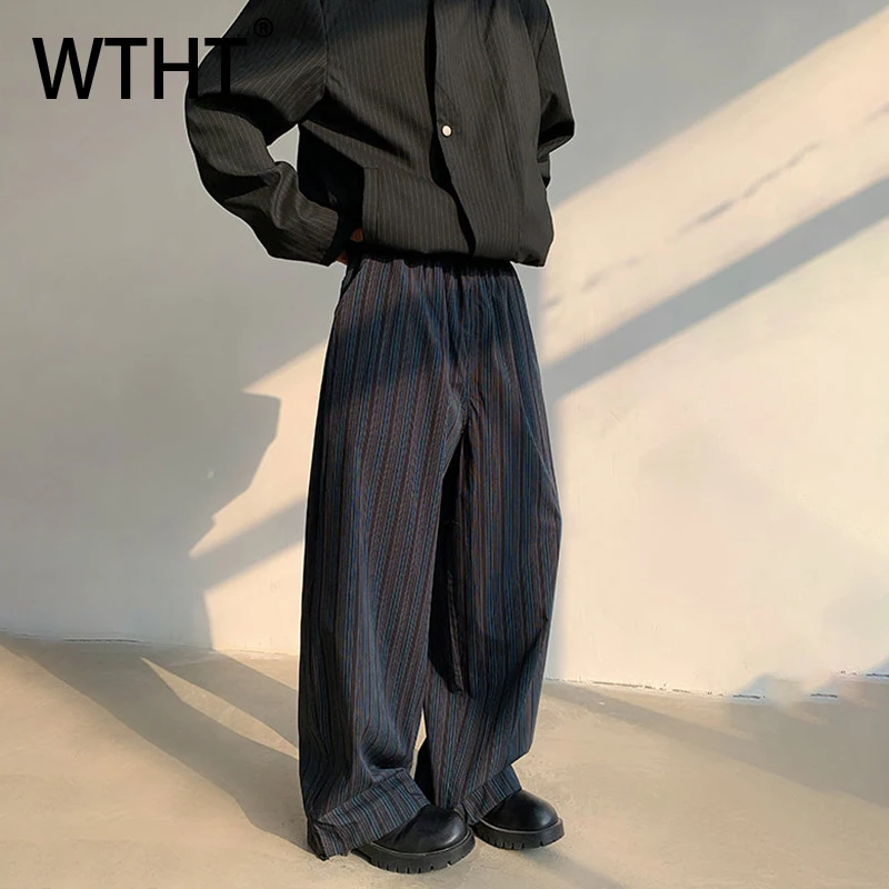 WTHT Fashion New 2026 Spring Men's Striped Loose Straight Blazer Pants Trendy Elastic High Waist Wide Leg Trousers Male 2A2776
