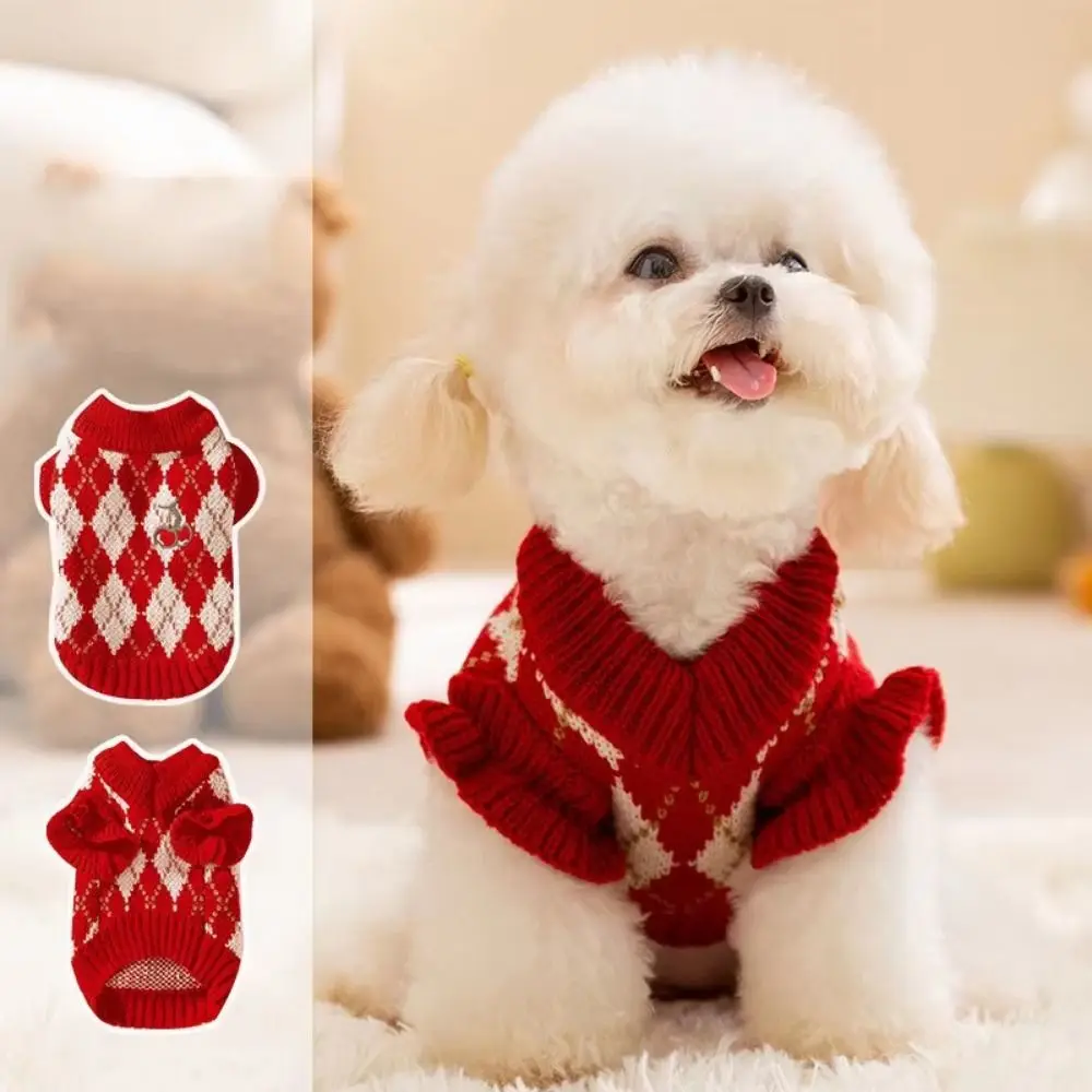 Precioso suéter de cereza para mascotas, patrón a cuadros, ropa gruesa de Navidad para perros, chaleco cálido ajustable para gato, fiesta de Cosplay