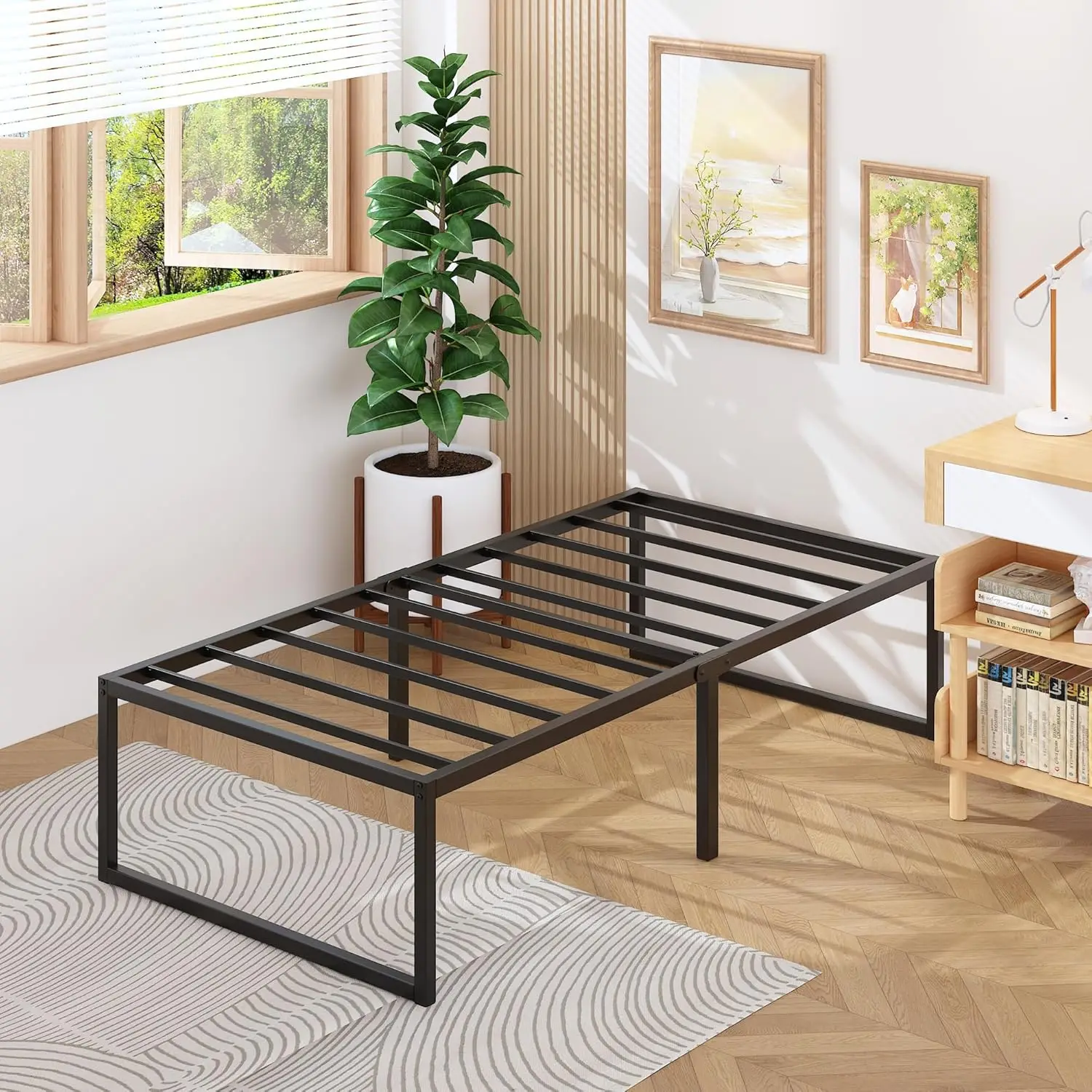 Zwaar uitgevoerd metalen bedframe met twee platforms, geen boxspring nodig, eenvoudige montage, geluidsvrij, zwart