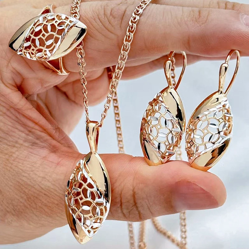 Kinel Unique Flower Ethnic Bridal Ring Earrings Necklace for Women Fashion 585 Rose Gold Silver Color Mix Daily Fine Jewelry Set