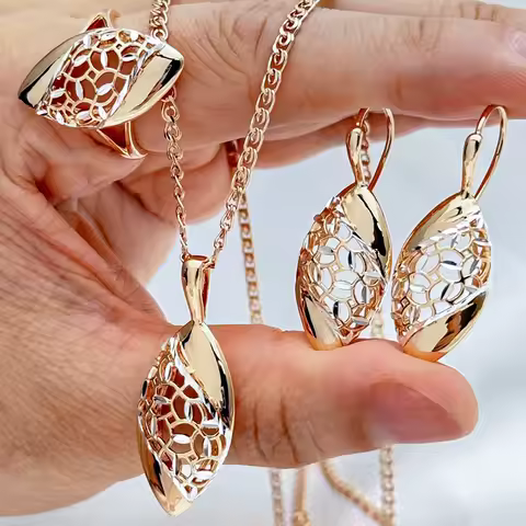 Kinel Unique Flower Ethnic Bridal Ring Earrings Necklace for Women Fashion 585 Rose Gold Silver Color Mix Daily Fine Jewelry Set