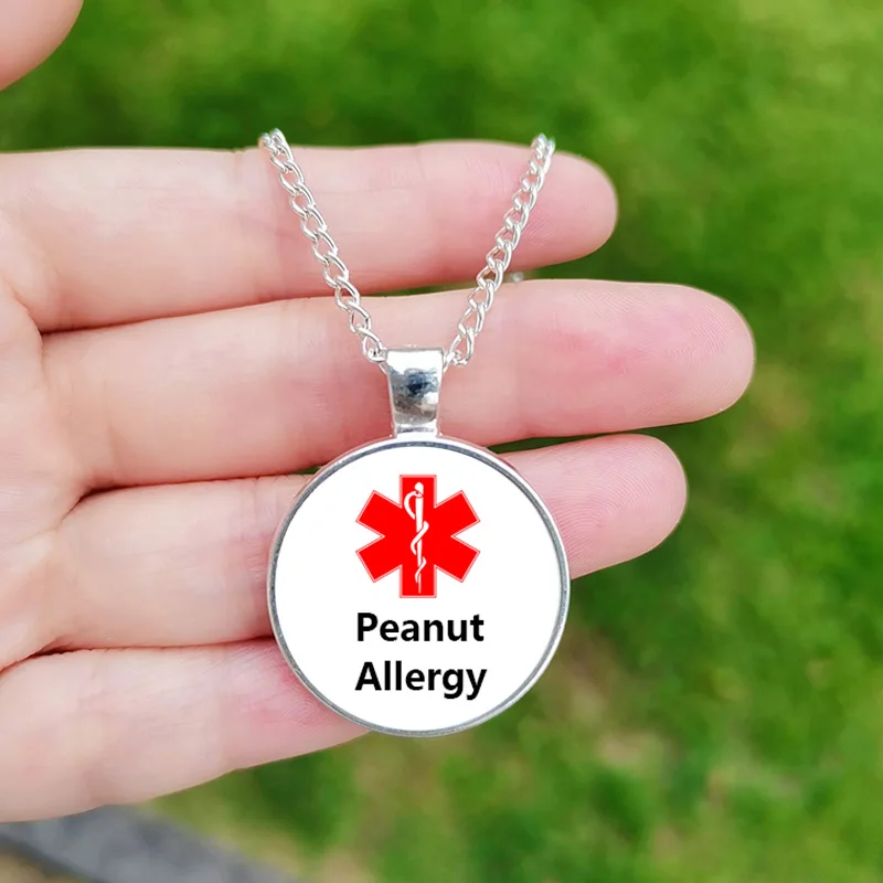 Medical Alert Necklace for Men Women Peanut Bee Milk Penicillin Allergy Glass Picture Handmade Chain Necklaces Jewelry Friend