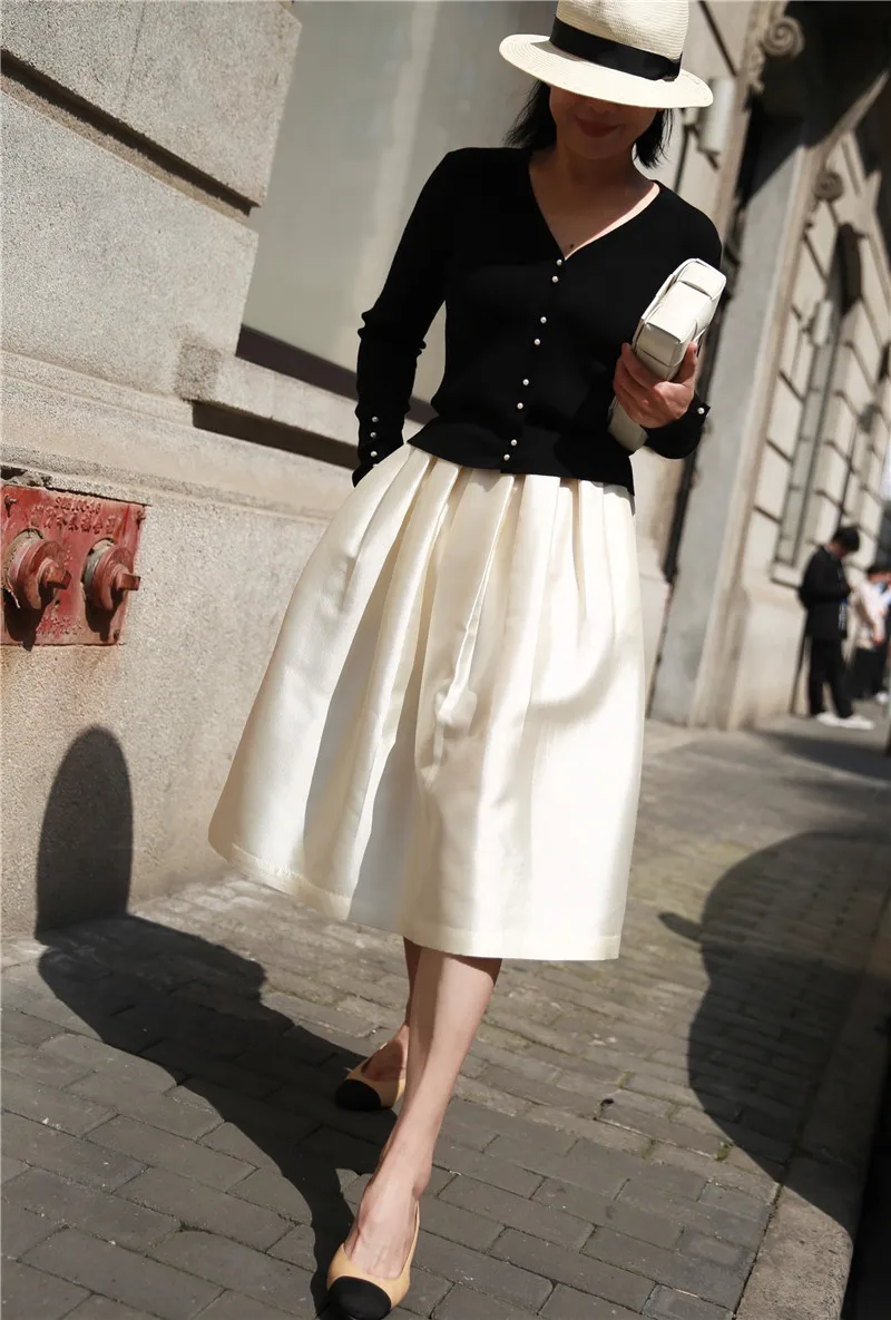 

Юбка Ele Hepburn с высокой талией, пышная, с цветочным узором, однотонная, в стиле ретро, из шелка и шерсти, с широким подолом, для весеннего повседневного образа