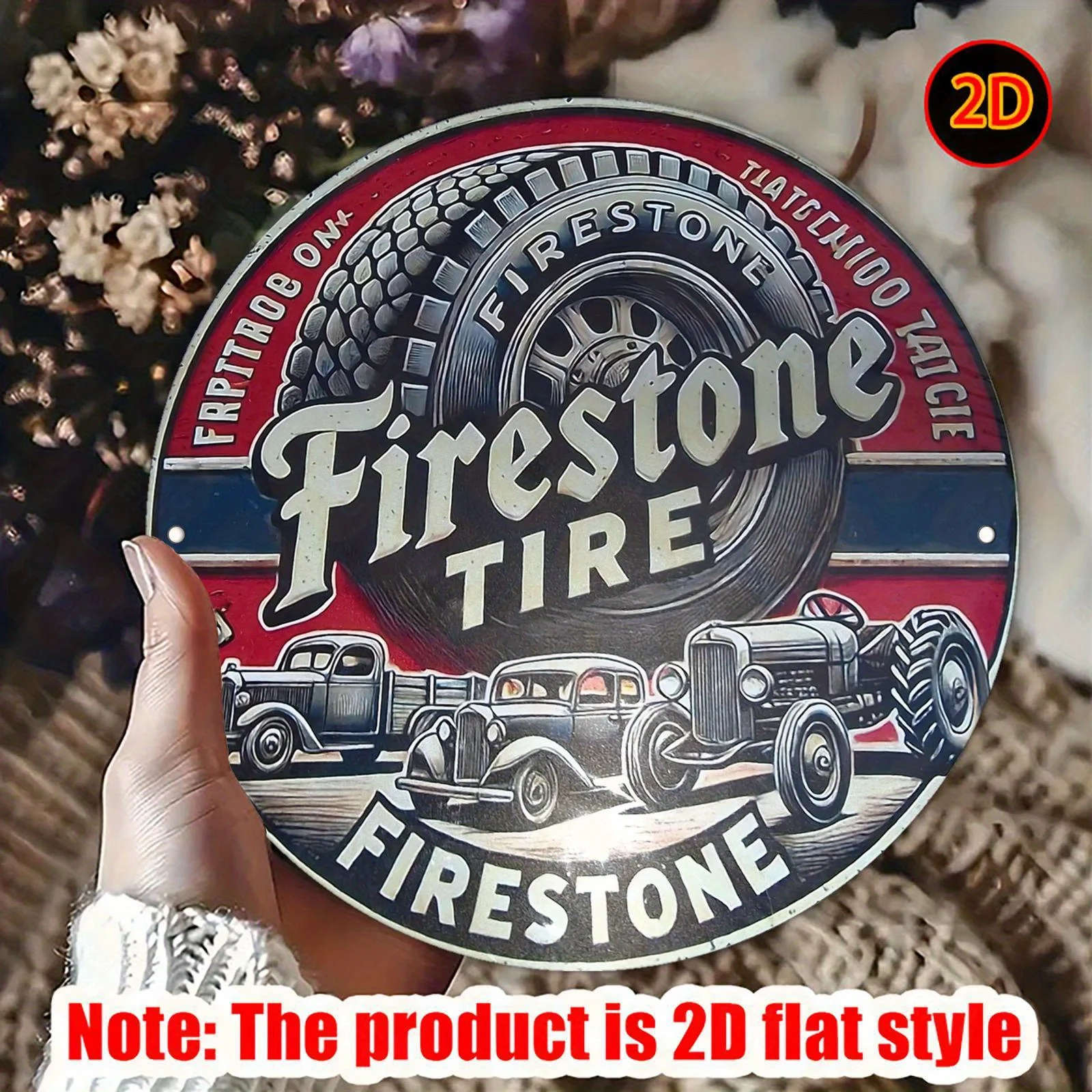 2D Flat - Vintage Firestone Tire Metal Wall Sign - 7.87x7.87 Inch Round Aluminum Plaque with Retro Truck Design, Perfect view 2