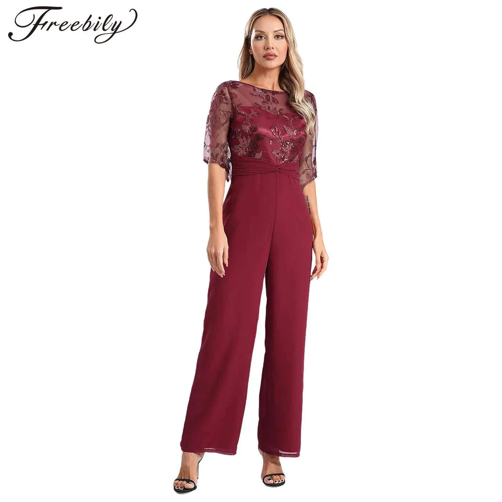 Women Sequined Jumpsuit Short Sleeve Wide Leg Pants Rompers Elegant Woman's Jumpsuits for Evening Party Cocktail Banquet Costume