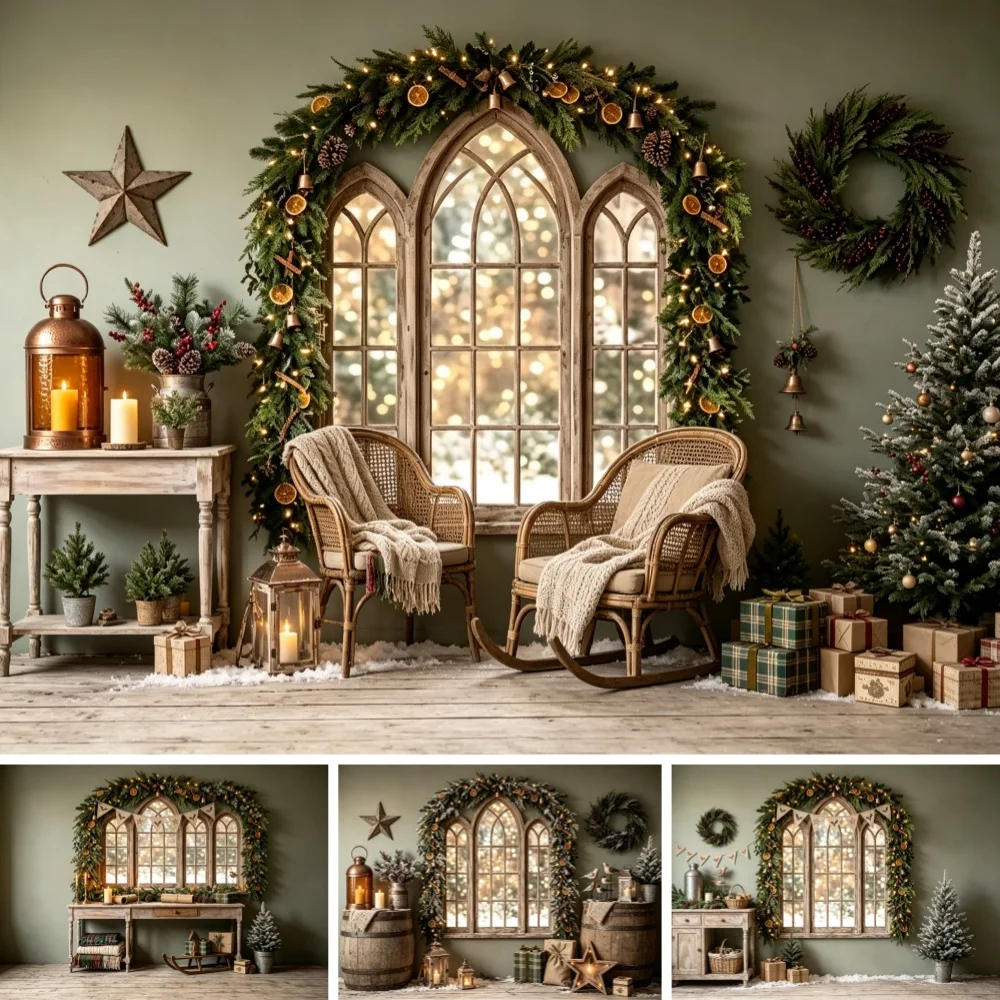 Christmas Photography Backdrop Rustic Arch Window Garland Rattan Chair Lantern Scene Background Holiday Studio Photoshoot Decor