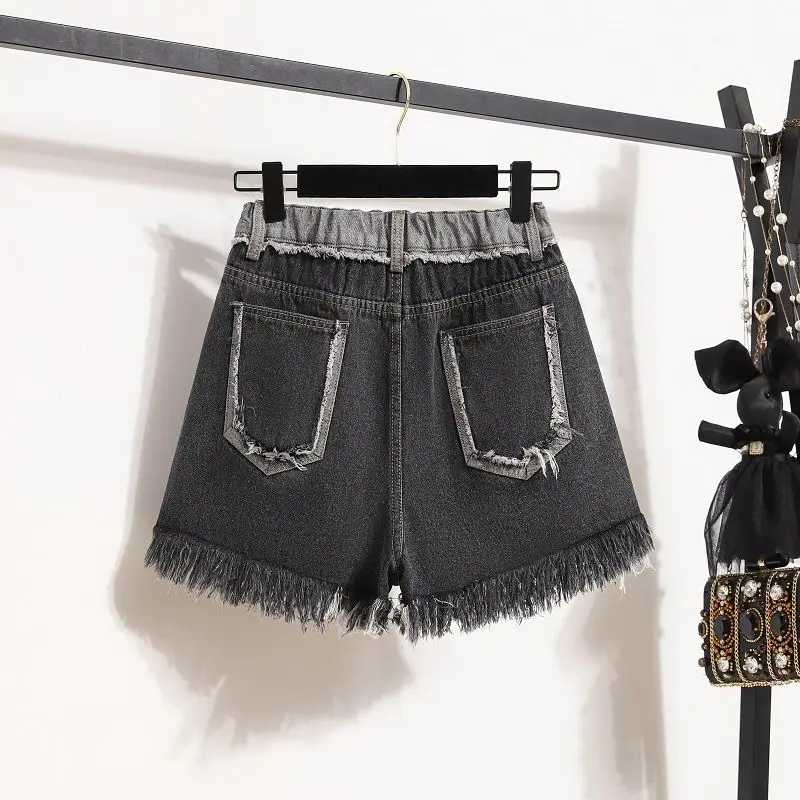 Women Summer Korean Vintage Large Size Tassel Solid Color High Waist Denim Shorts Women Clothes Casual All-match Sexy Wide Leg