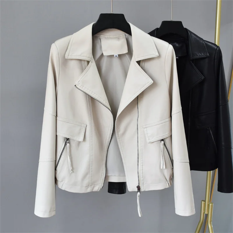 Spring Autumn Women Short Faux Leather Jacket Yellow Beige Black Coat Suit Collar Long Sleeve Female Biker Coat Jaqueta Feminina