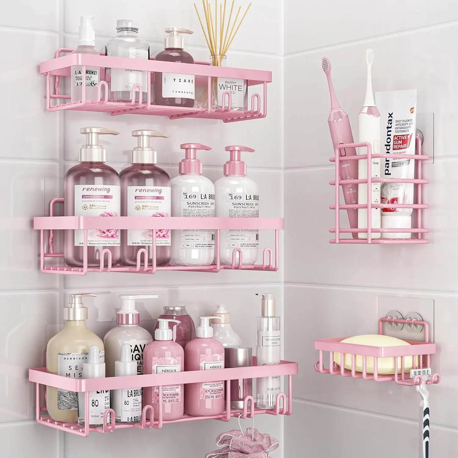 5 Pack Shower Caddy For Inside Shower Pink Bathroom Decor Set Adhesive Organizer Shelves