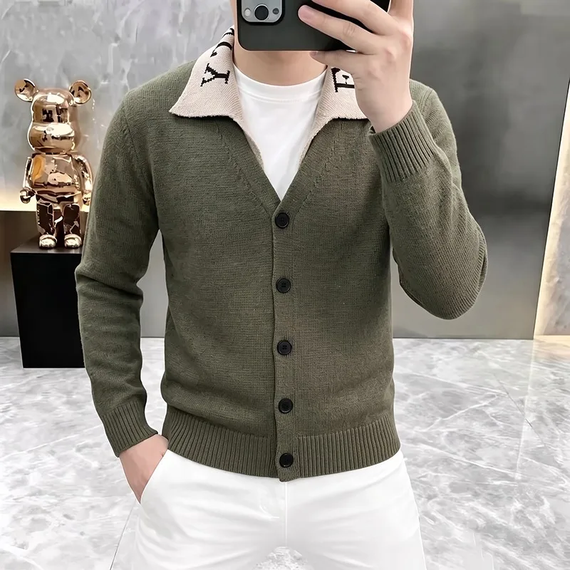 Men's Letter Jacquard Lapel Knitted Sweater High Quality Slim Casual Business Knitted Cardigan Versatile Social Warm Sweaters