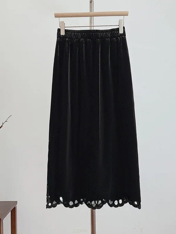 تنورة صينية جديدة مطرزة بالزهور المحروقة متوسطة الطول على شكل حرف a للنساء مقاس كبير بخصر عالٍ مرن...