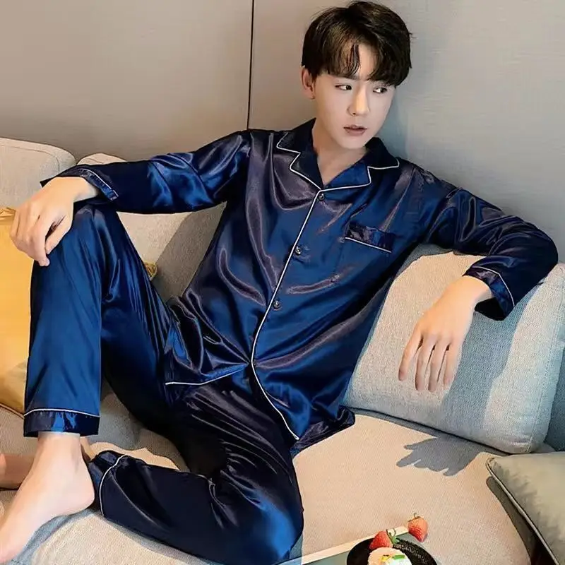 Men Pajama Sets Silk Satin Pijama Turn-down Collar Sleepwear  Long Sleeve Spring Nightwear Male 2 Pieces Sets Homewear