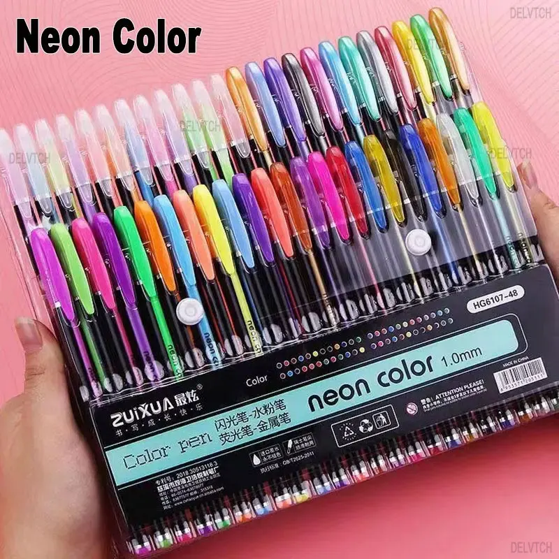 12/24/36/48 Neon Color Glitter Metallic Fluorescence Highlighter Gel Pen 1.0mm Tip For Art Sketch Painting Drawing Kids Graffiti