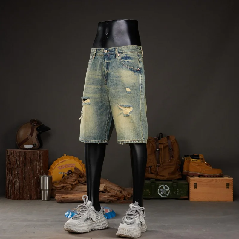New vintage denim shorts 2026 with handmade ripped design, loose straight cut with five pockets, retro-style casual shorts for m