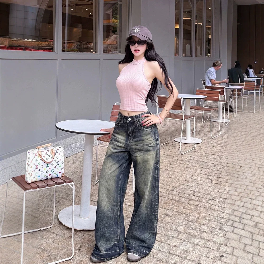American Streetwear Jeans High Waist Pockets Print Casual Loose Wide Leg Pants Y2k Harajuku Vintage All Match Women's Clothing