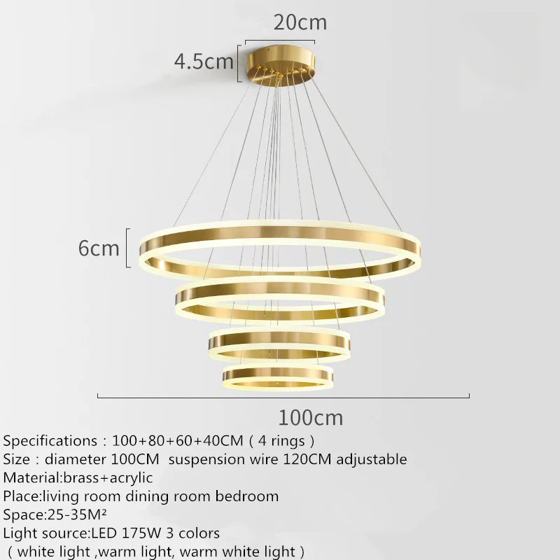 TYLA Contemporary Ring Brass Pendant Lamp LED 3 Colors Copper Chandelier Lights Decor For Home