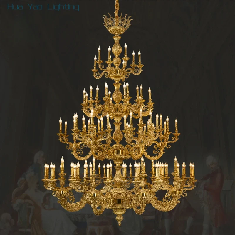 French Royal Retro Tiered Candle Decor Villa Duplex Large Dewaxed Copper Chandelier Hotel Banquet Hall Church Pendant Lamp